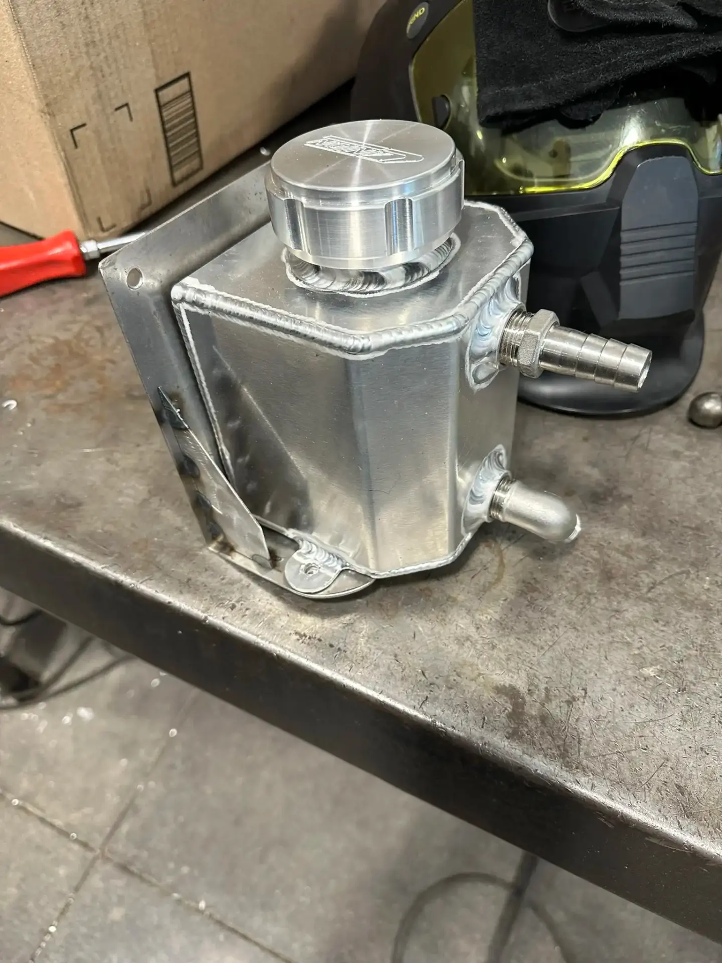 Custom fabricated aluminum coolant overflow tank