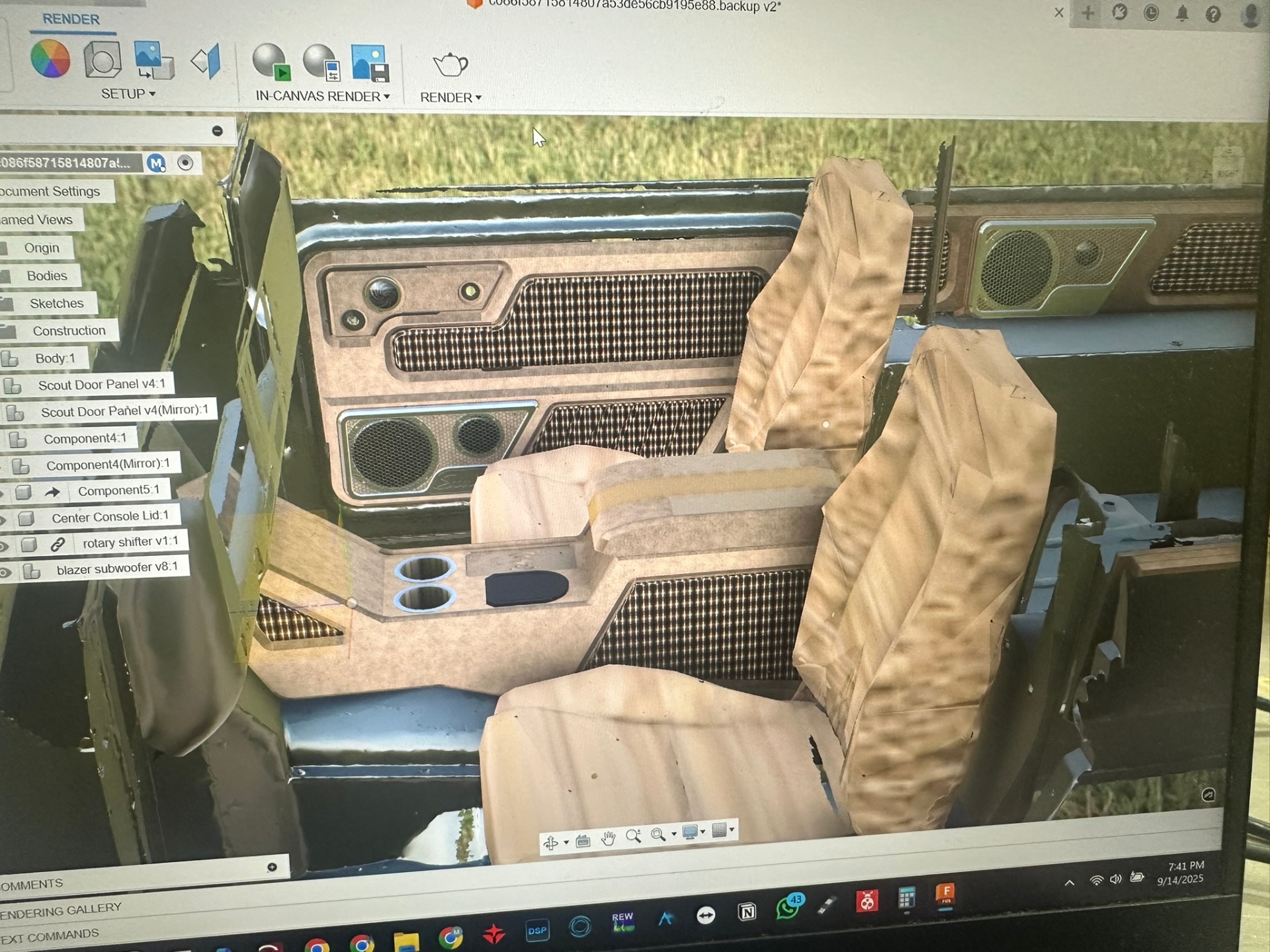 Full 3D interior render showing audio layout